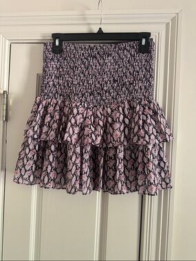 Pink Snake-Print Smocked Tiered Mini Skirt